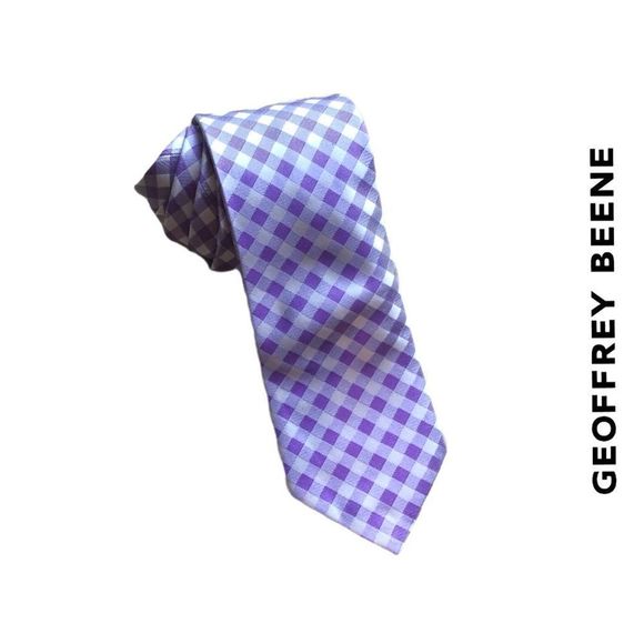 Geoffrey Beene 100% Silk Gingham Tie - Silver/Lavender - Picture 1 of 5